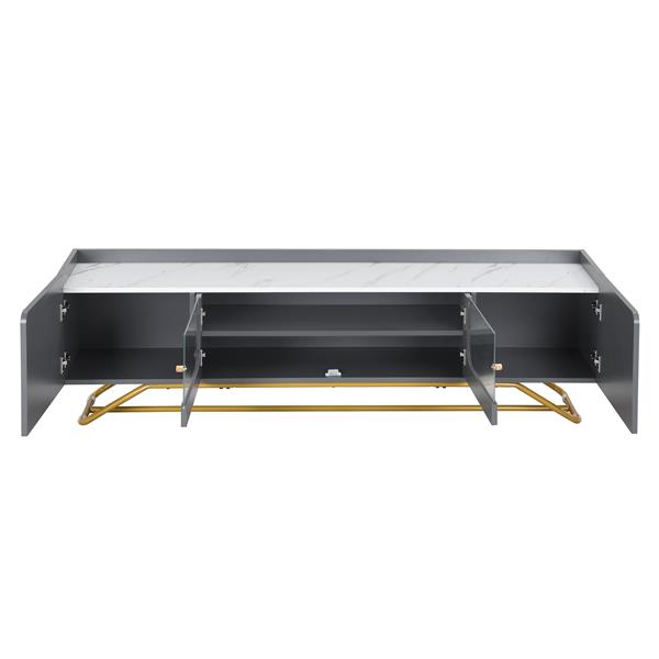 Sleek Design TV Stand with Fluted Glass, Contemporary Entertainment Center for TVs Up to 70", Faux Marble Top TV Console Table with Gold Frame Base, Grey