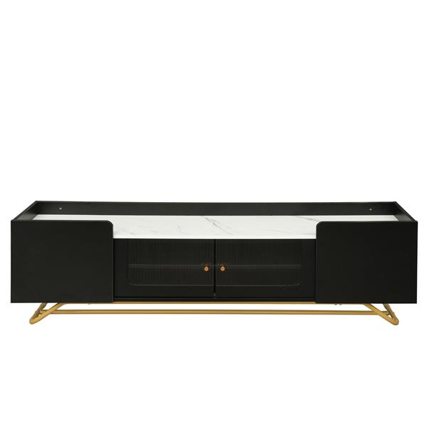 Sleek Design TV Stand with Fluted Glass, Contemporary Entertainment Center for TVs Up to 70", Faux Marble Top TV Console Table with Gold Frame Base, Black