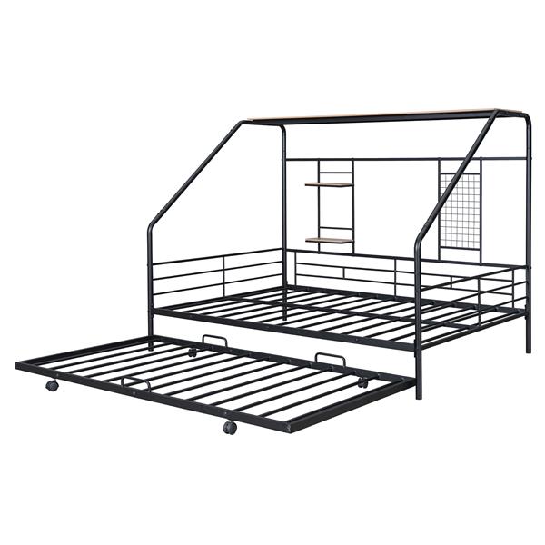 Full Size Metal House Bed with Trundle, Black