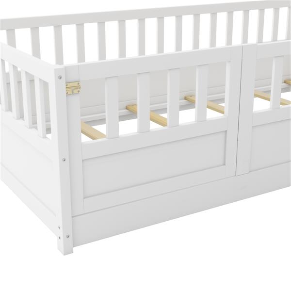 Twin Size Floor bed, integral construction with super high security barrier, door, children's floor bed frame, Montessori wooden children's floor bed, Support slat white