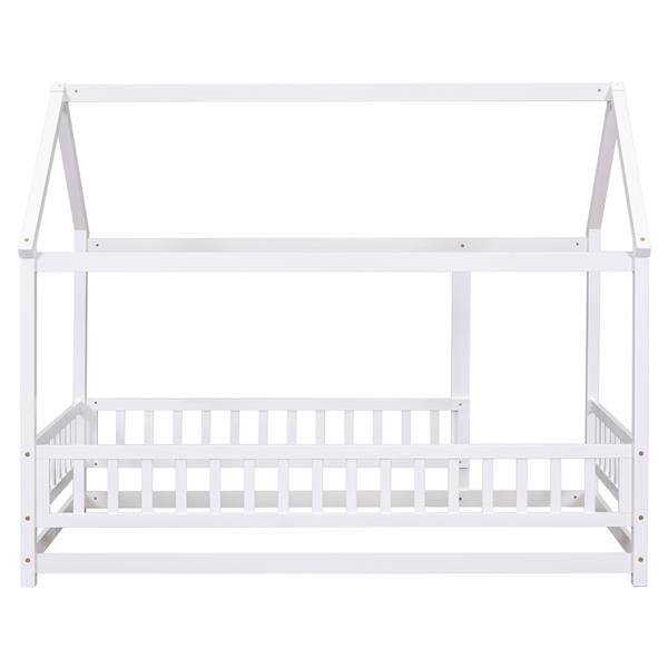 Twin Size Floor Wooden Bed with House Roof Frame, Fence Guardrails,White