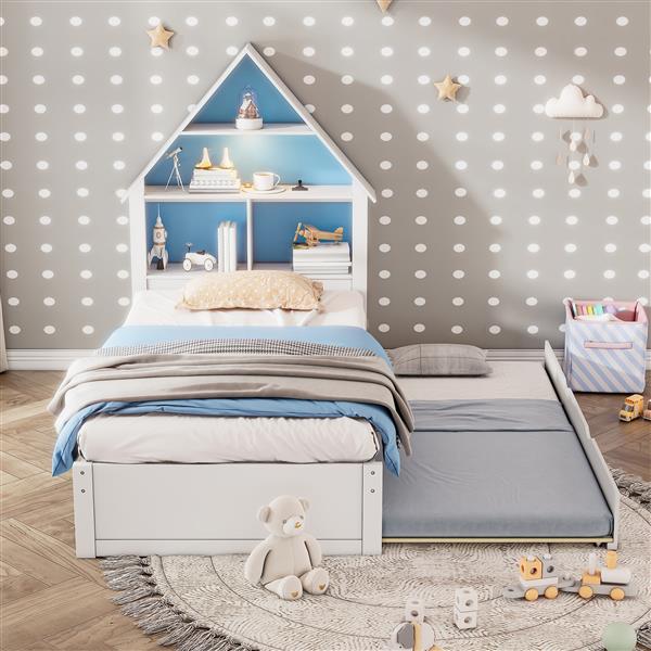 Twin Size House-Shaped Bed with Bookcase Headboard and Led Light and Twin Size Trundle for Kids Boys Girls, Blue+ White