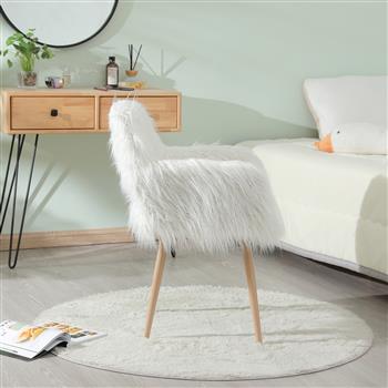 WHITE Faux Fur Upholstered Make up chair Side Dining Chair with Metal Leg(WHITE+Beech Metal Leg)