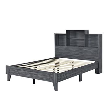 Full Size Storage Platform Bed Frame with 4 Open Storage Shelves and USB Charging Design,Gray