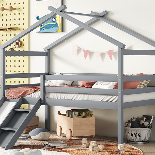 Twin Low Loft House Bed with Slide,  Ladder, Safety Guardrails, House Roof Frame,Grey