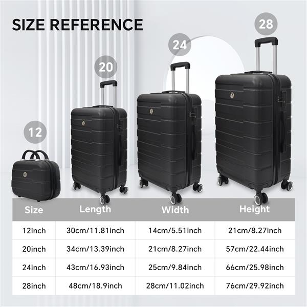 Luggage 4 Piece Set with Spinner Wheels, Hardshell Lightweight Suitcase with TSA Lock,Checked Luggage,Black(12/20/24/28in)