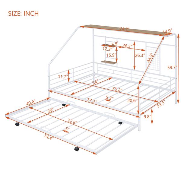 Full Size Metal House Bed with Trundle, White