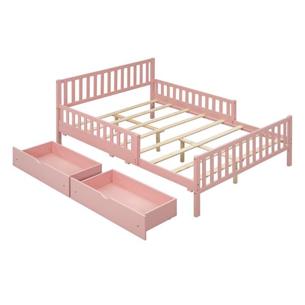 Full Size Wood Platform Bed with Guardrails on Both Sides and Two Storage Drawers ,Pink