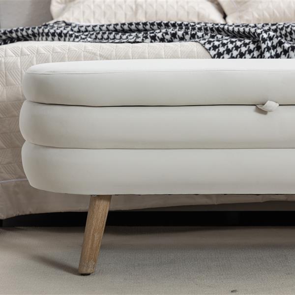 036-Velvet Fabric Storage Bench Bedroom Bench With Wood Legs For Living Room Bedroom Indoor,Ivory