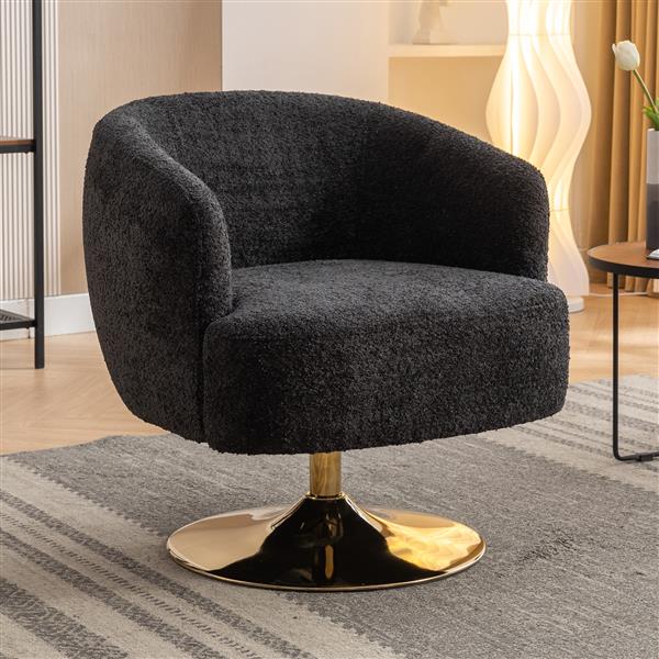 048-Chenille Fabric Swivel Chair With Gold Metal Round Base,Black