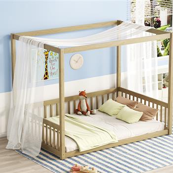 Full Size Canopy Frame Floor Bed with Fence, Guardrails,Natural