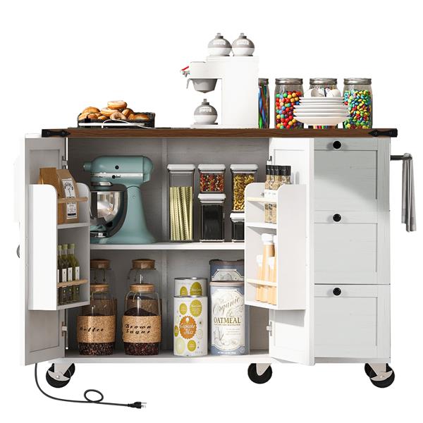 54.5" Farmhouse Kitchen Island with Power Outlet, Kitchen Storage Island  with Internal Storage Rack, Drop Leaf, Spice Rack, Rolling Kitchen Cart on Wheels, for Home, Kitchen and Dining Room,White