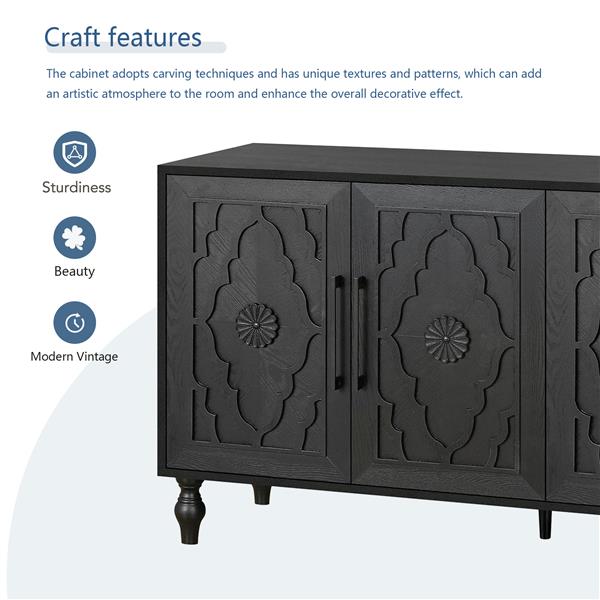 Carved Flower Door Large Storage Cabinet With Metal Handle Suitable For Living Room, Kitchen, Entryway(BLACK)