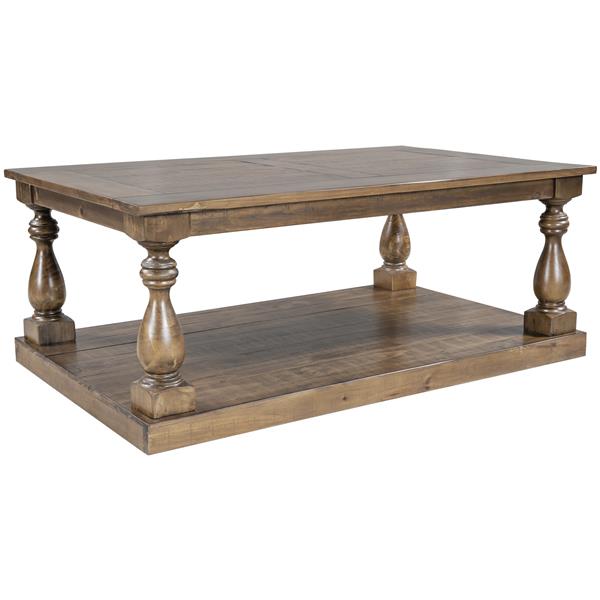 Rustic Floor Shelf Coffee Table with Storage,Solid Pine Wood