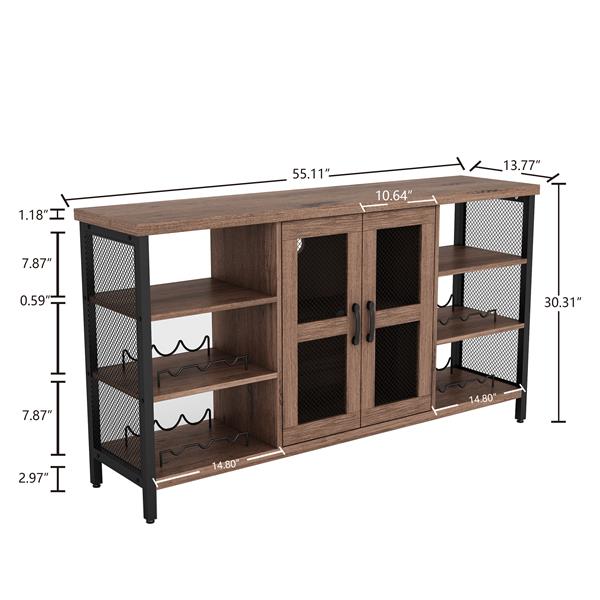 Industrial Wine Bar Cabinet, Liquor Storage Credenza, Sideboard with Wine Racks & Stemware Holder (Hazelnut Brown, 55.12''w x 13.78''d x 30.31' ' h)