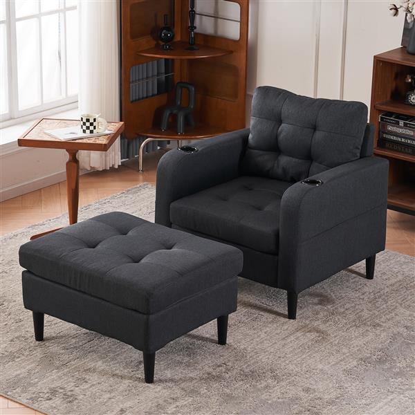 Dark Gray Upholstered Armchair and Storage Ottoman Set - Comfortable Single Sofa with Cup Holders and Tufted Detailing, Ideal for Living Room or Bedroom