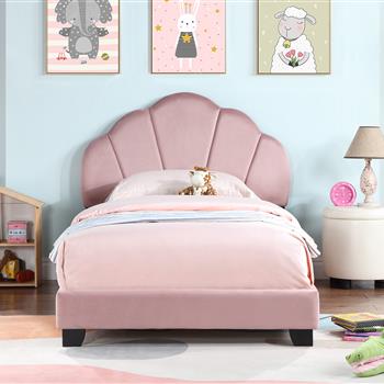 Upholstered Twin Size Platform Bed for Kids, Wooden Bed Frame with Slatted Bed Base, No Box Spring Needed, Cute Bed Frame with Shell Design Headboard for Girls Boys Teens, Pink