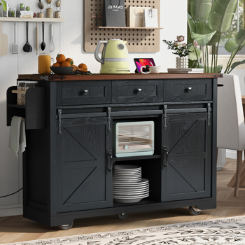 53.7\\" Farmhouse Kitchen Island with Power Outlet, 2 Sliding Barn Door Kitchen Storage Island with Drop Leaf, Spice Rack Rolling Kitchen Cart on Wheels, for Home, Kitchen and Dining Room, Black