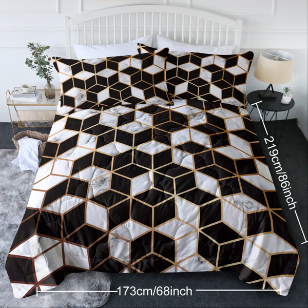 3PCS Comforter Geometric Cube Bedding Set Queen Size Black White Gold Reversible