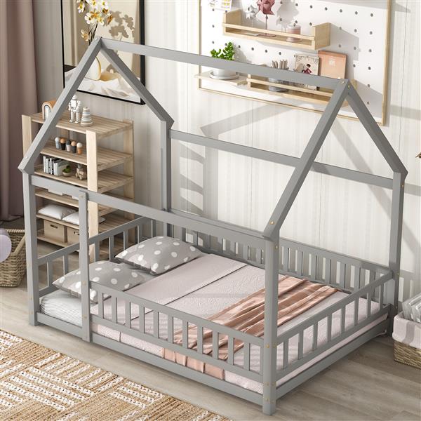 Full Size Floor Wooden Bed with House Roof Frame, Fence Guardrails ,Grey