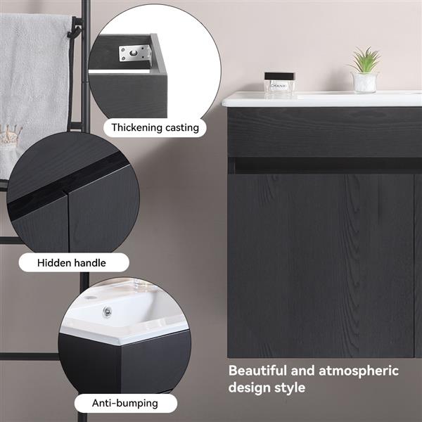 30 Inch Wall Mounted Bathroom Vanity with White Ceramic Basin,Two Soft  Close Cabinet Doors, Solid Wood,Excluding faucets,black