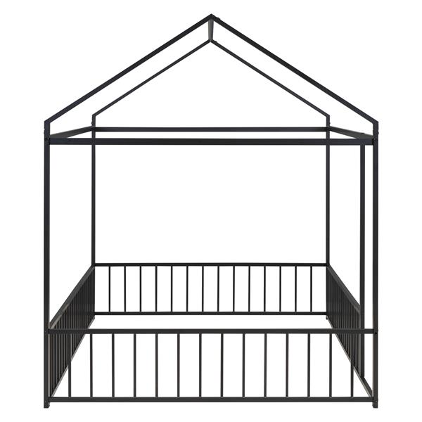 Full Size Metal Bed House Bed Frame with Fence, for Kids, Teens, Girls, Boys,Black