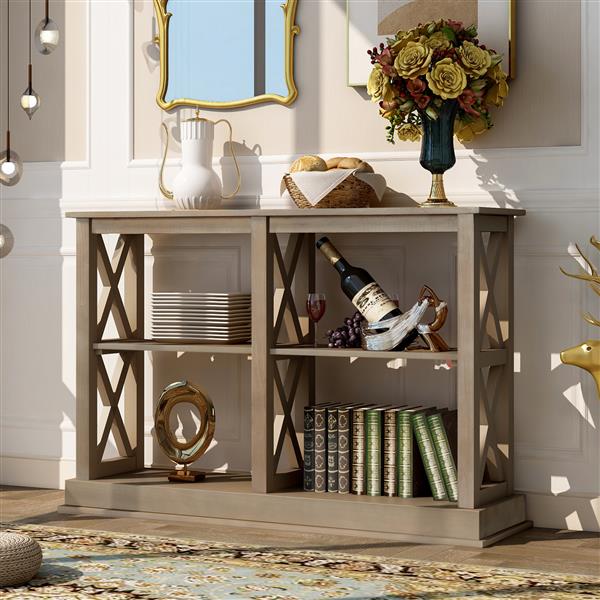 Console Table with 3-Tier Open Storage Spaces and “X” Legs, Narrow Sofa Entry Table for Living Room, Entryway and Hallway (White Wash)