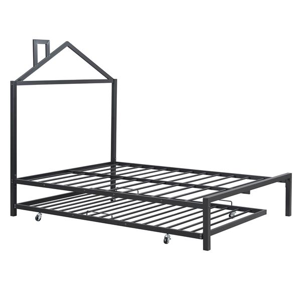 Full Size Metal Platform Bed with twin size trundle,House-Shaped Headboard Design, Black