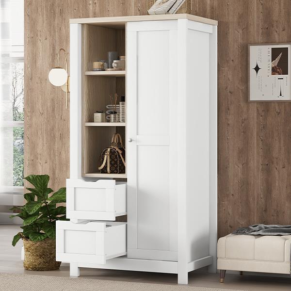 Bedroom Storage Wardrobe with Hanging Rods and 2 Drawers and Open Shelves,Sliding Door,White