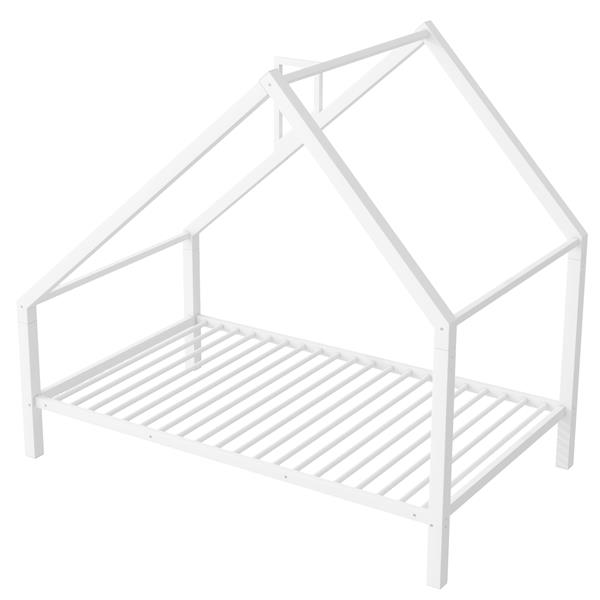 Twin Size Metal House Platform Bed with Roof and Chimney, White