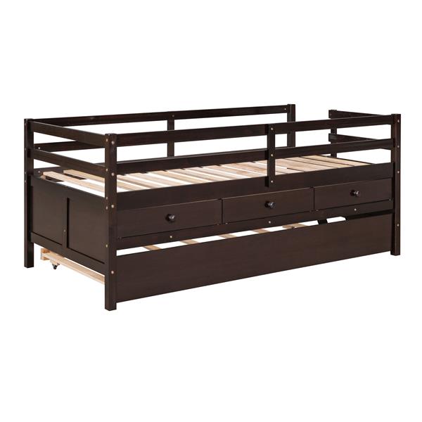 Low Loft Bed Twin Size with Full Safety Fence, Climbing ladder, Storage Drawers and Trundle Espresso Solid Wood Bed