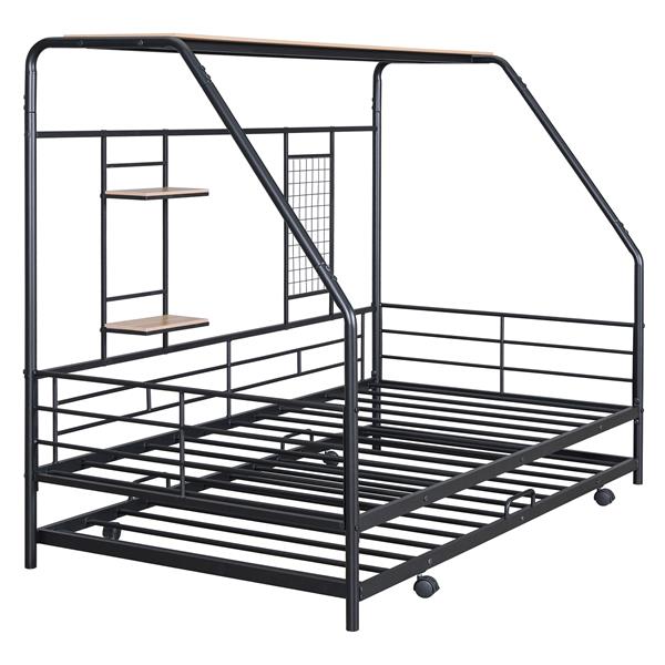 Twin Size Metal House Bed with Trundle, Black