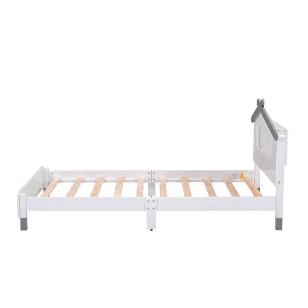 Twin Size Wood Platform Bed with House-shaped Headboard and Motion Activated Night Lights (White+Gray)