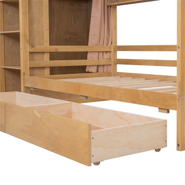 Twin size House Bed with Two Drawers and Wardrobe,Natural