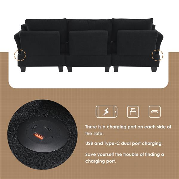 [VIDEO provided] [New] 92*63"Modern Teddy Velvet Sectional Sofa,Charging Ports on Each Side,L-shaped Couch with Storage Ottoman,4 seat Interior Furniture for Living Room, Apartment,3 Colors(3 pillows)