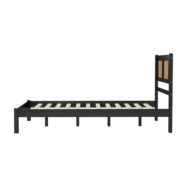 Full Size Wooden Platform Bed with Natural Rattan Headboard, Exquisite Elegance with Minimalist Charm for Bedroom, Black