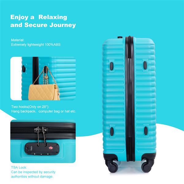 3 Piece Luggage Sets ABS Lightweight Suitcase with Two Hooks, Spinner Wheels, TSA Lock, (20/24/28) Turquoise