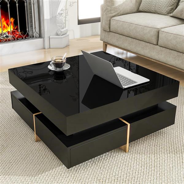 Modern High Gloss Coffee Table with 4 Drawers, Multi-Storage Square Cocktail Tea Table with Wood Grain Legs, Center Table for Living Room, 31.5''x31.5'', Black