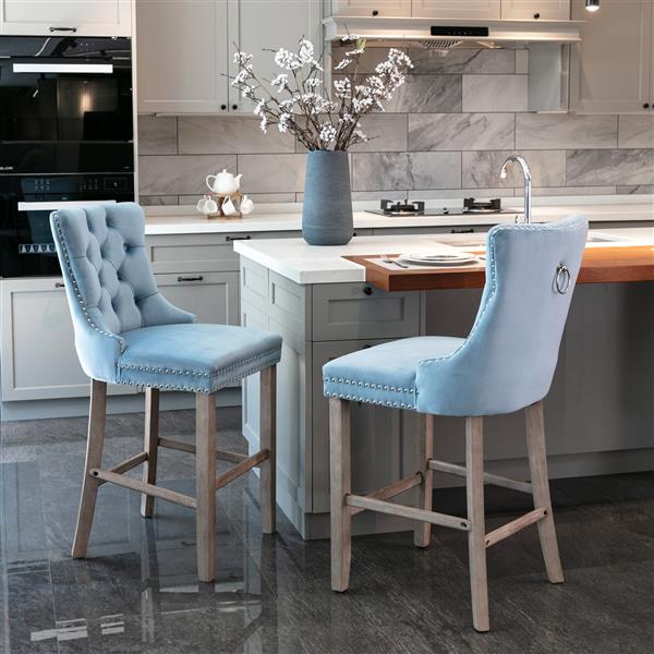 Contemporary Velvet Upholstered Barstools with Button Tufted Decoration and Wooden Legs, and Chrome Nailhead Trim, Leisure Style Bar Chairs,Bar stools, Set of 2 (Light Blue),SW2002LB