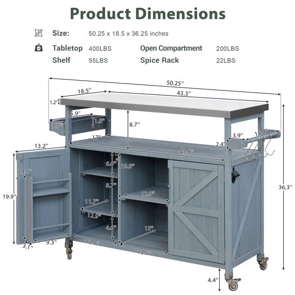 Outdoor Kitchen Island, Rolling Bar Cart & Storage Cabinet, Farmhouse Solid Wood Outdoor Grill Table with Stainless Steel Top, Spice Rack , Towel Rack for Kitchen & BBQ , Grey Blue