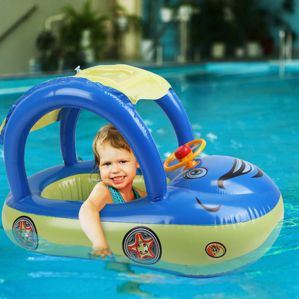 Inflatable Pool Float Car Shaped Toddler Swimming Float Boat Pool Toy Infant Swim Ring Pool with Sun Protection Canopy for 1-3 Year-Old Kids Infant Toddlers（No shipments on weekends）