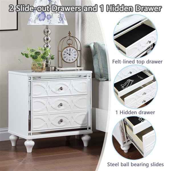 Contemporary Nightstands with mirror frame accents, Bedside Table with two drawers and one hidden drawer, End Table with Crystal Pull for Living Room,Bedroom, White