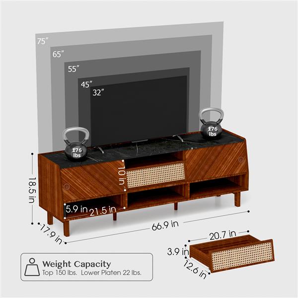 TV Stand for 75+ Inch TV, Mid Century Modern Entertainment Center with Rattan Drawer,Storage Shelves, Large Boho Media TV Console, 67 inch Long Television Stand for Living Room