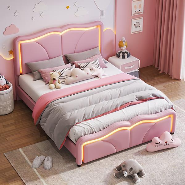 Full Size Upholstered Platform Bed with Curve Shaped and Height-adjustbale Headboard,LED Light Strips,Pink