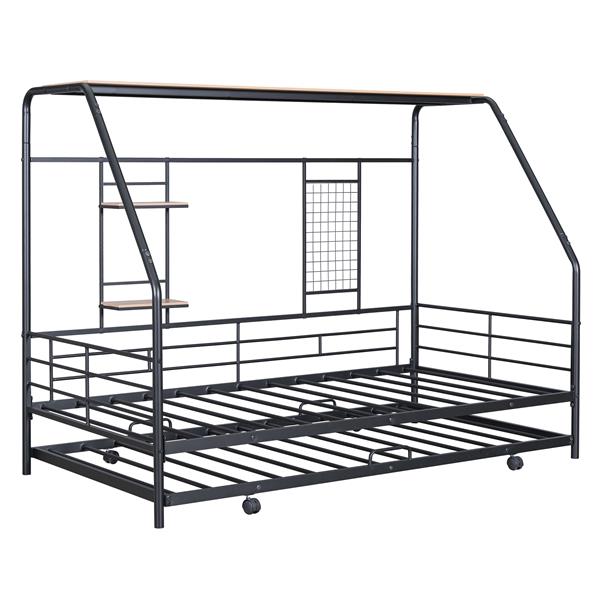 Twin Size Metal House Bed with Trundle, Black