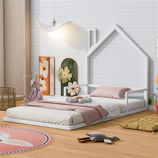 Twin Size Metal Floor Bed with House-shaped Headboard, White