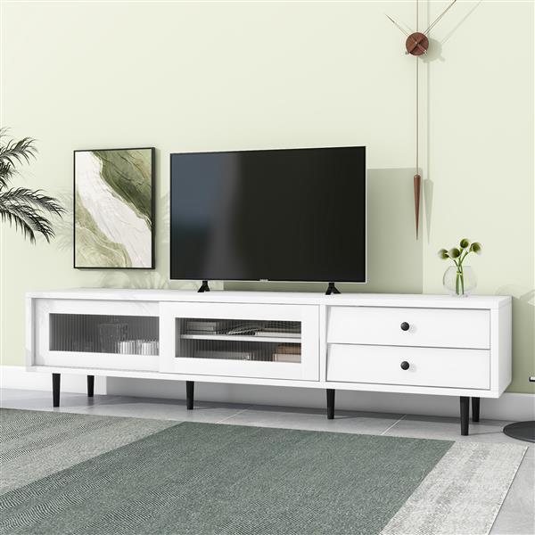 Chic Elegant Design TV Stand with Sliding Fluted Glass Doors, Slanted Drawers Media Console for TVs Up to 75", Modern TV Cabinet with Ample Storage Space, White