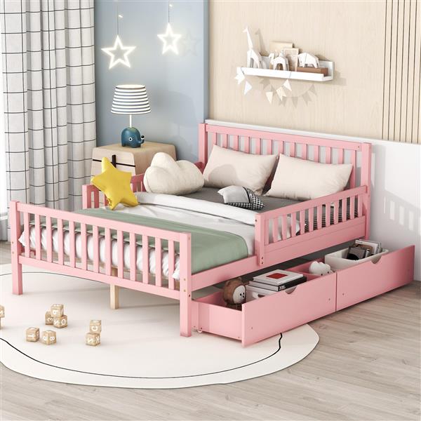 Full Size Wood Platform Bed with Guardrails on Both Sides and Two Storage Drawers ,Pink