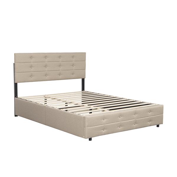 Queen Size Upholstered Platform Bed Frame with 4 Storage Drawers, Adjustable Linen Headboard, Wooden Slats Support, No Box Spring Needed, Easy Assembly, Light Beige