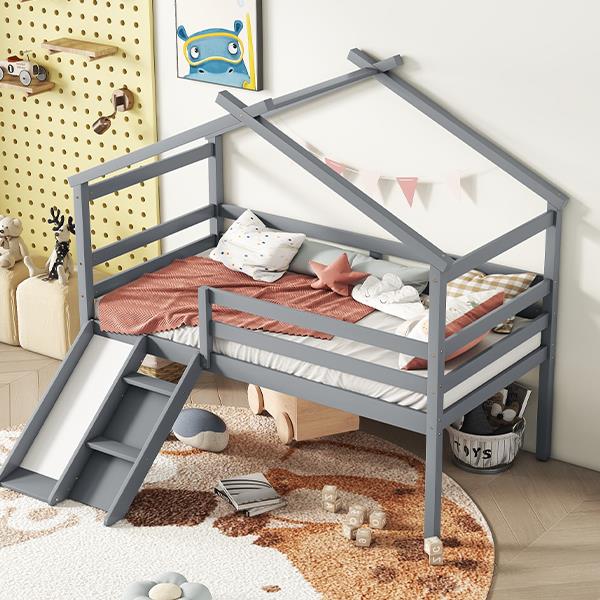 Twin Low Loft House Bed with Slide,  Ladder, Safety Guardrails, House Roof Frame,Grey